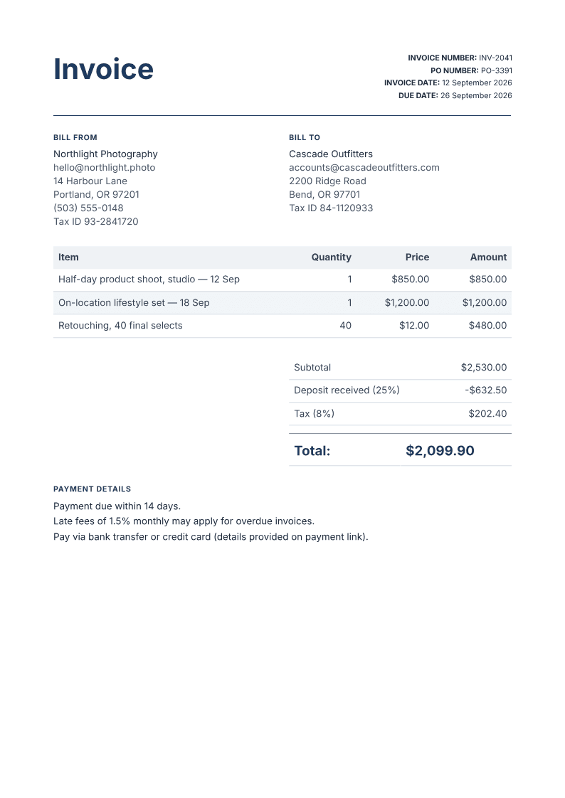 The same invoice laid out with PaintPDF: aligned table, totals, and margins
