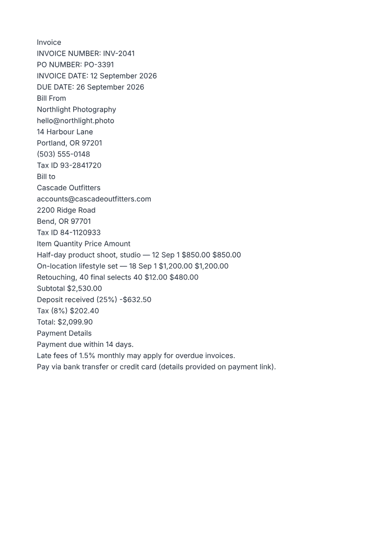 The invoice as a plain wall of text, with no layout applied