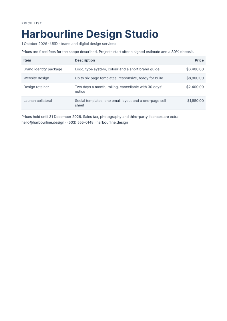 First page of an example price list PDF with sample content