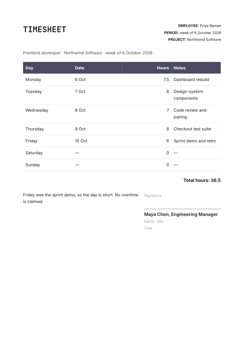 Timesheet template made with PaintPDF