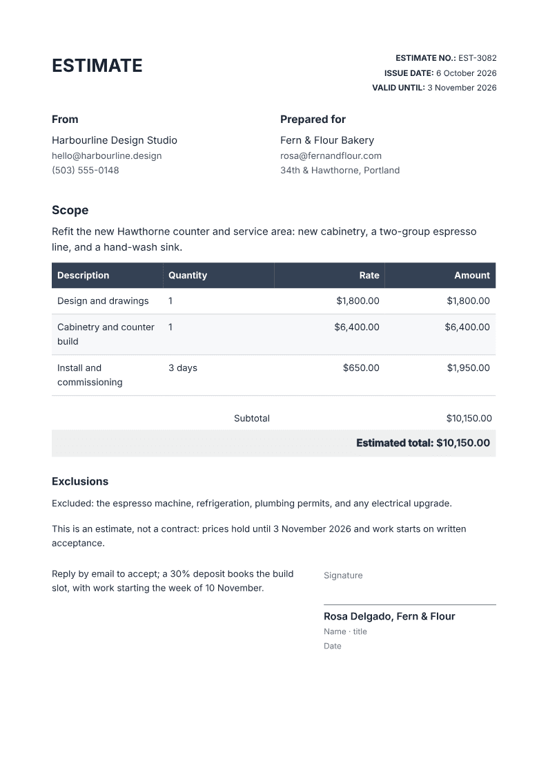 Page one of an estimate with a scope, line items, a total and an acceptance line