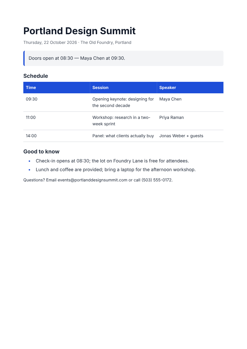 Page one of a generated event agenda document