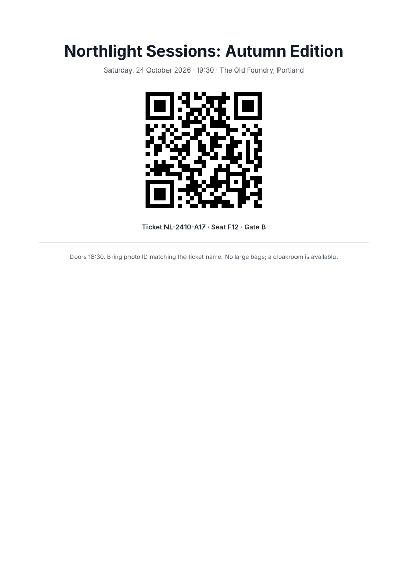 Page one of a generated event ticket document