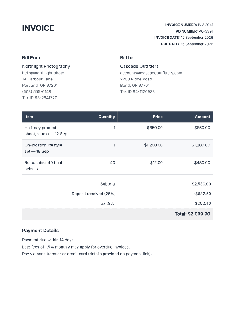 Page one of a generated invoice document