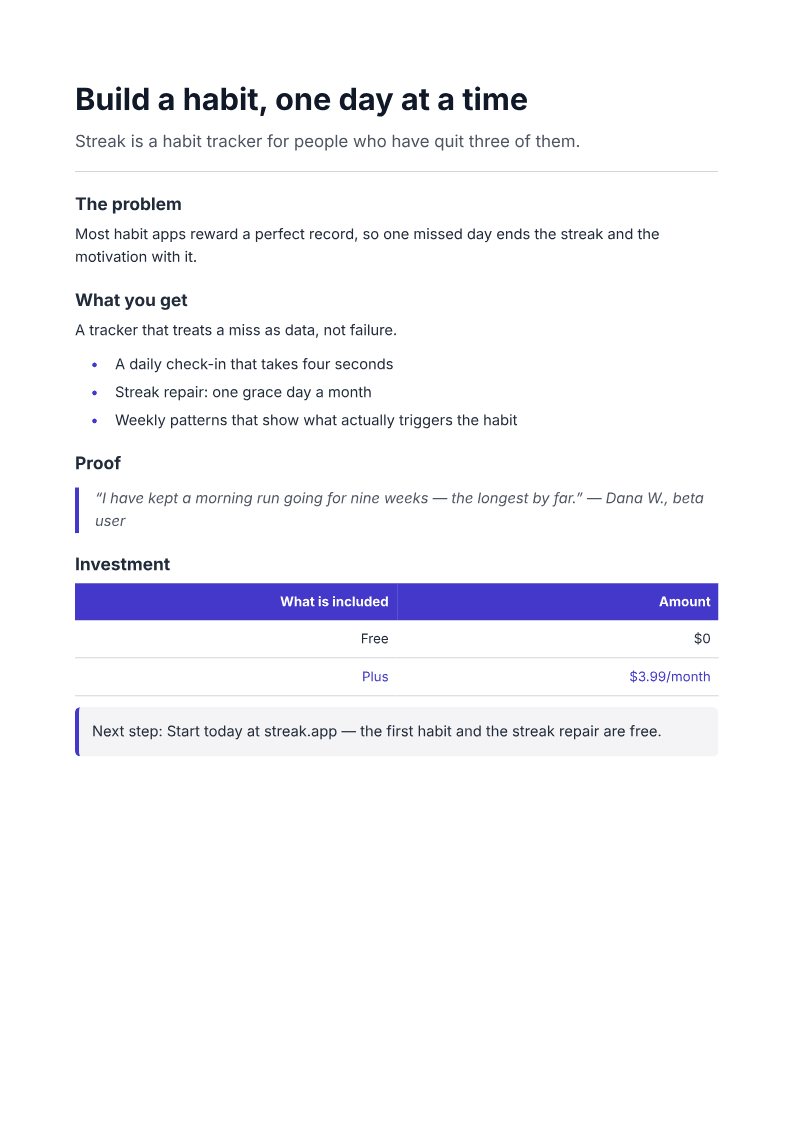 Page one of a generated one-pager document