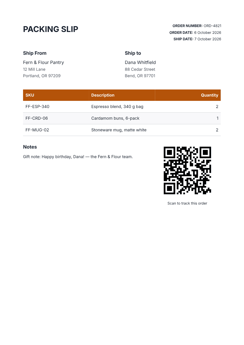 Page one of a generated packing slip document