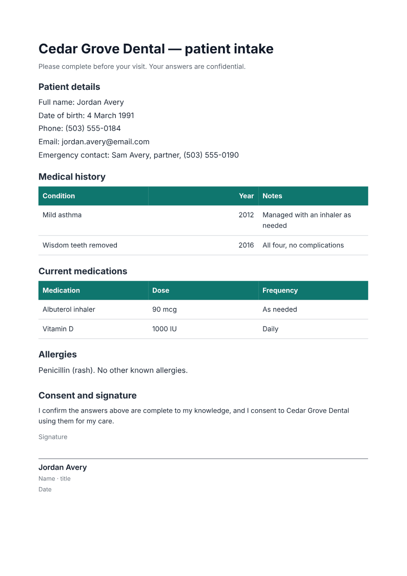 Page one of a generated intake form document