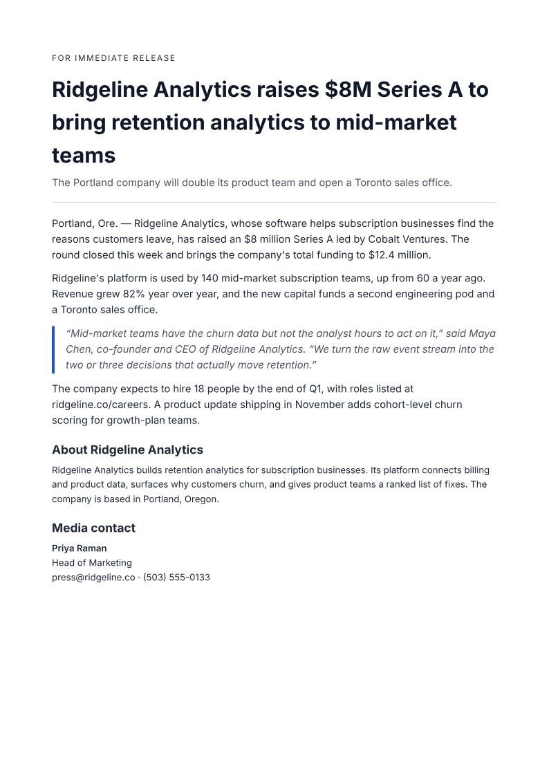 Page one of a generated press release document