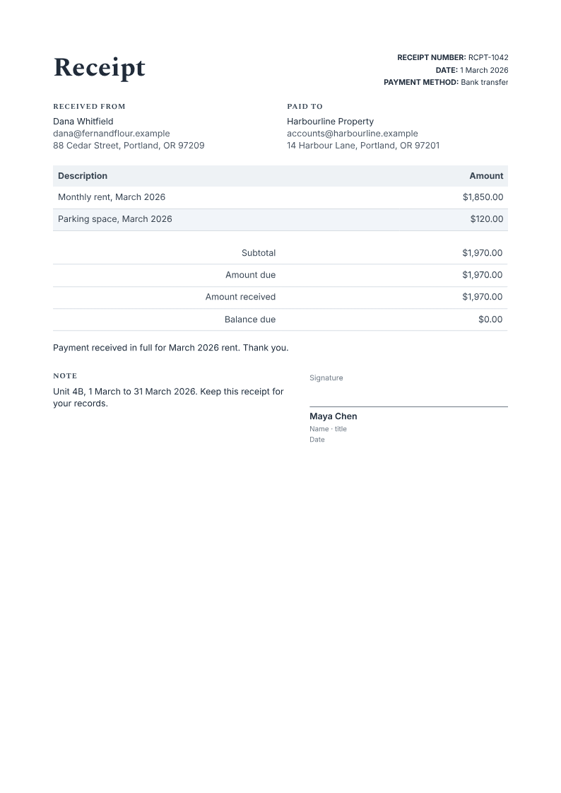 First page of an example receipt PDF with sample content