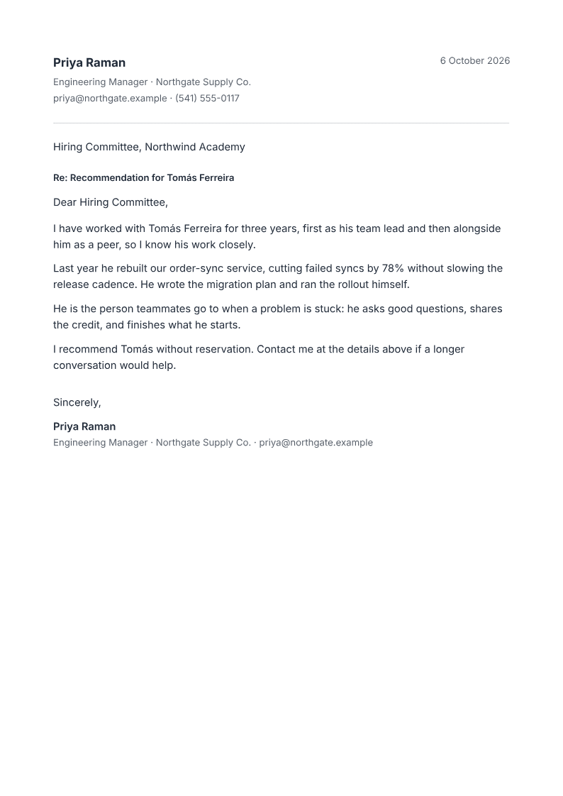Page one of a recommendation letter built with PaintPDF, with the relationship, evidence and a clear endorsement
