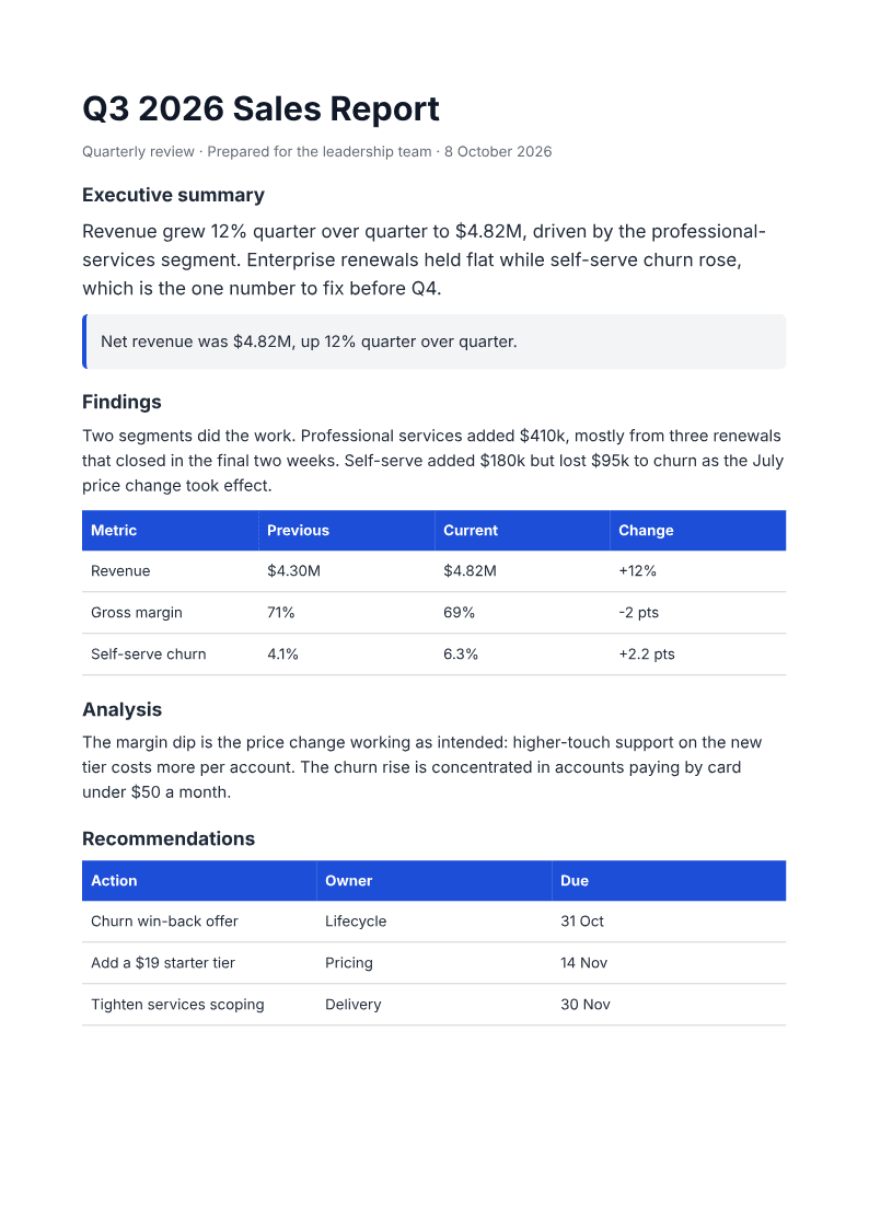 Page one of a generated report document