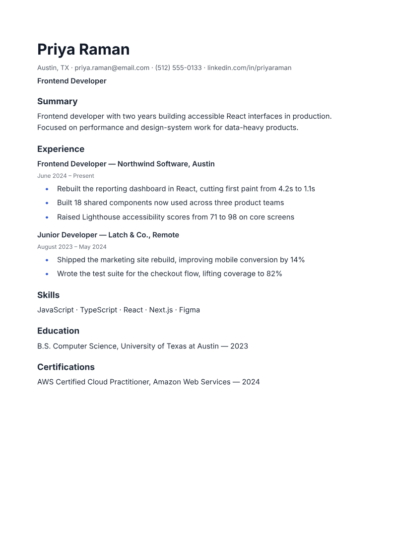 Page one of a generated resume document