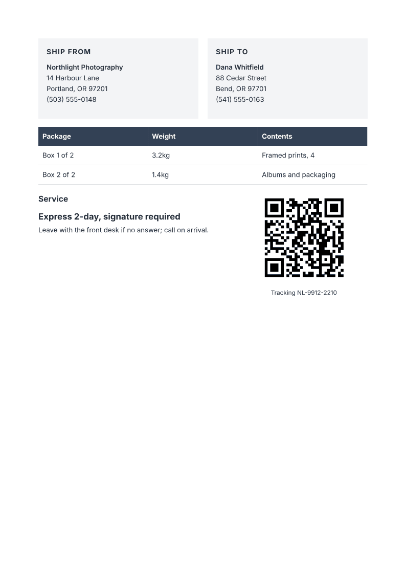 Page one of a generated shipping label document