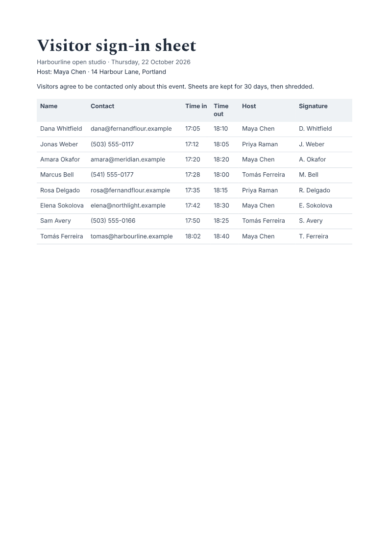 First page of an example sign-in sheet PDF with sample content