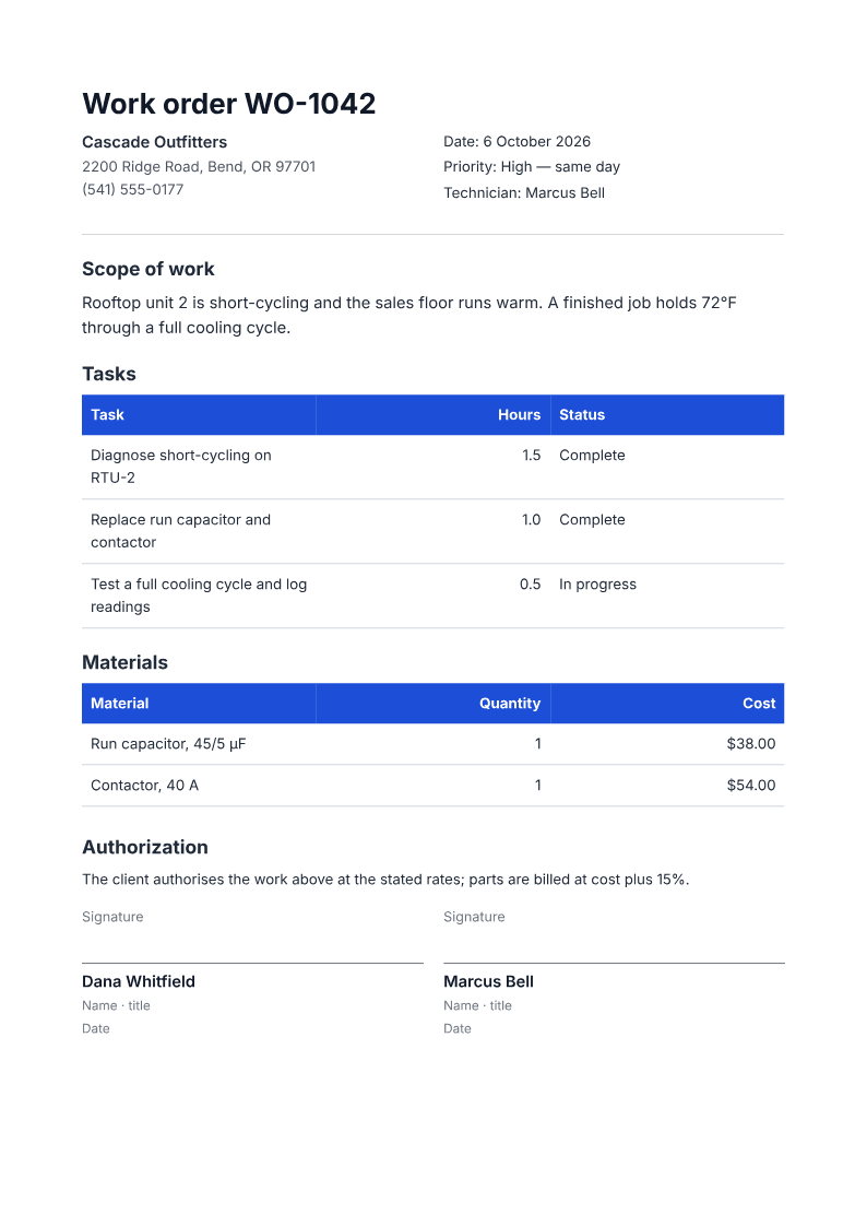Page one of a generated work order document