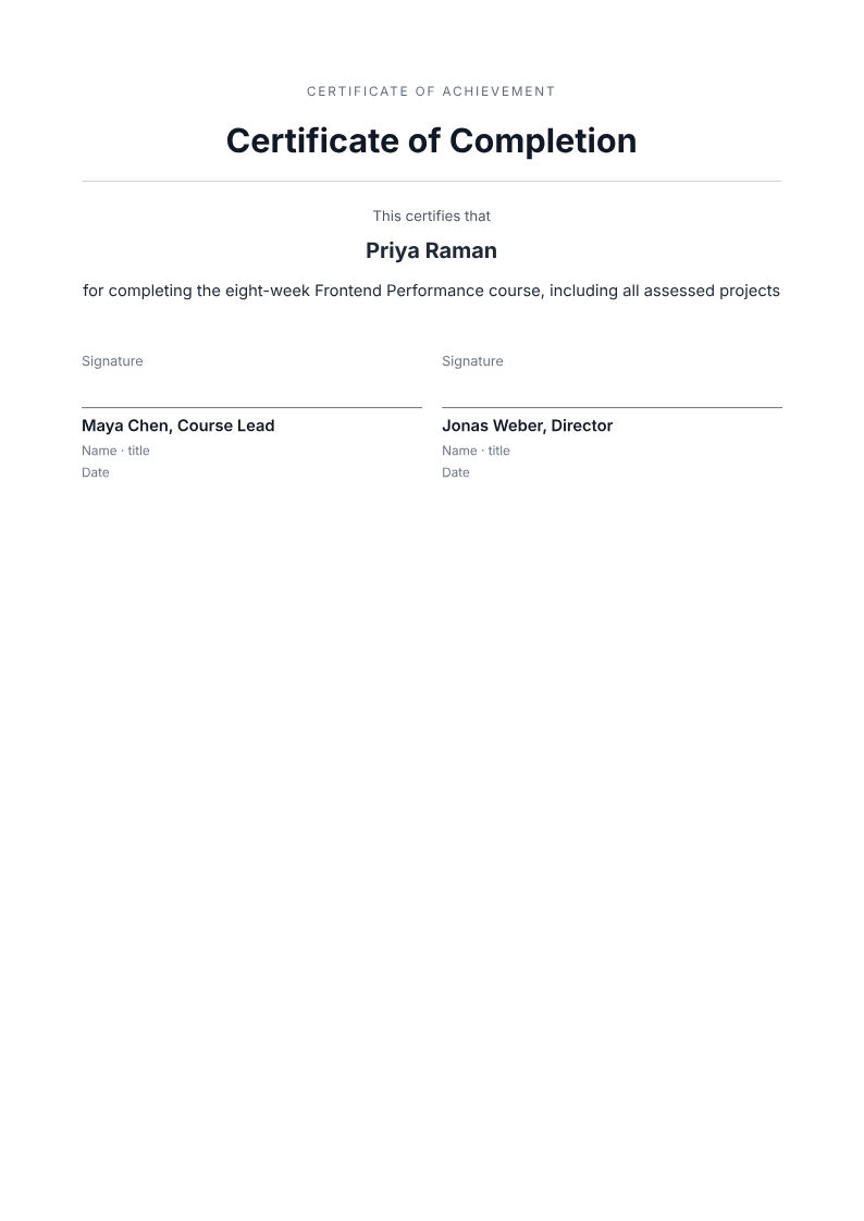 Page one of the Course completion certificate with two signatures example