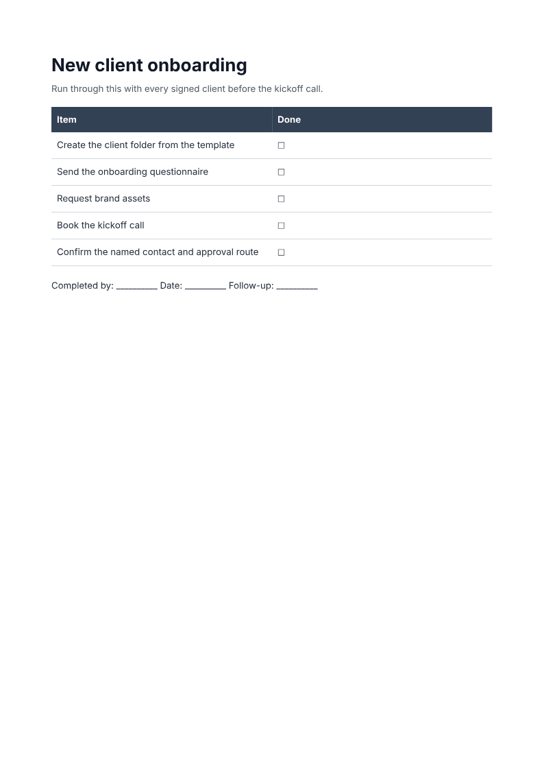 Page one of the New client onboarding checklist with a tick column example