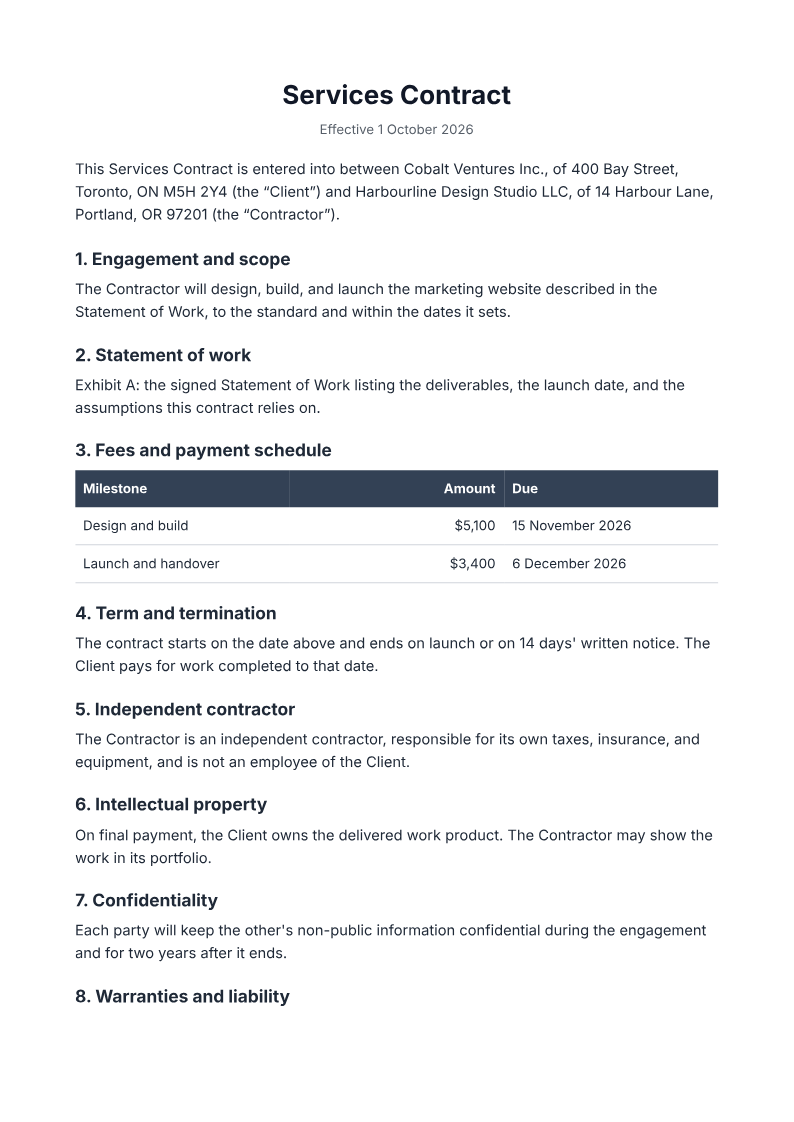 Page one of the Services contract for a website build with milestone payments example
