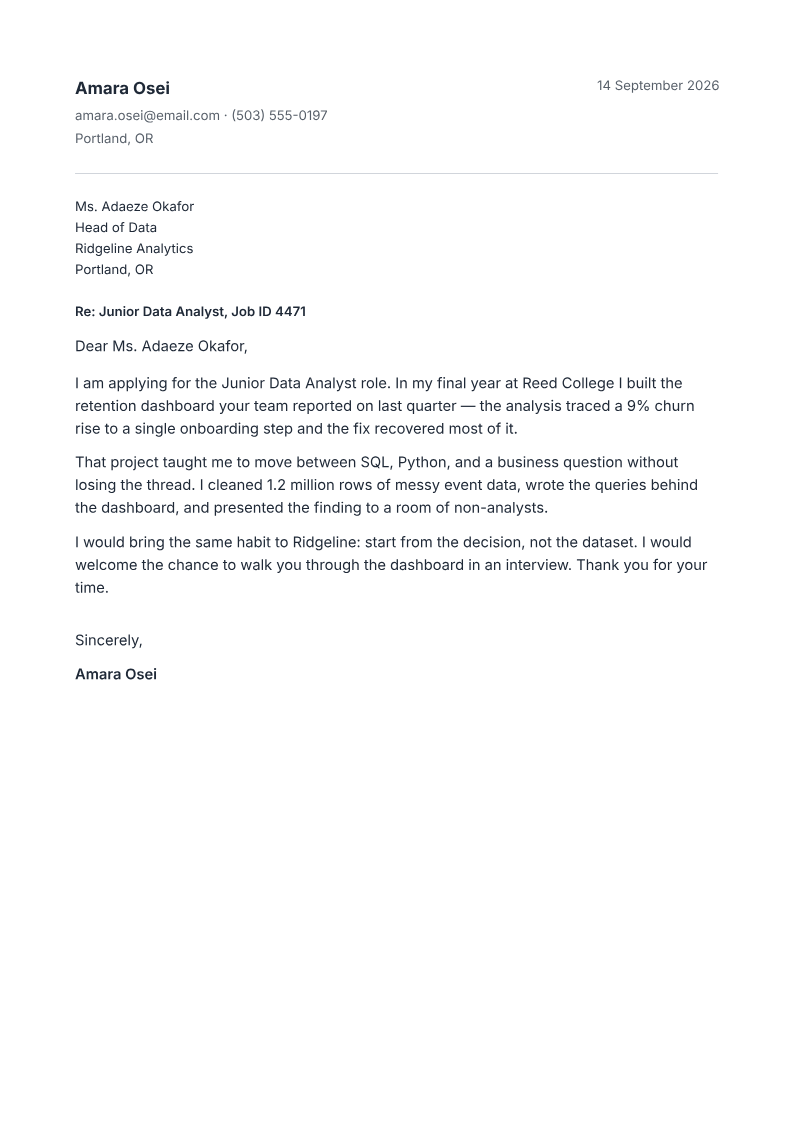 Page one of the Cover letter for a junior data-analyst role, 2 years experience example