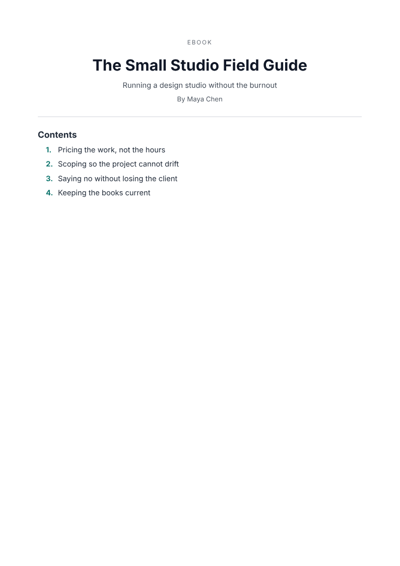 Page one of the Ebook title page with a chapter contents list example