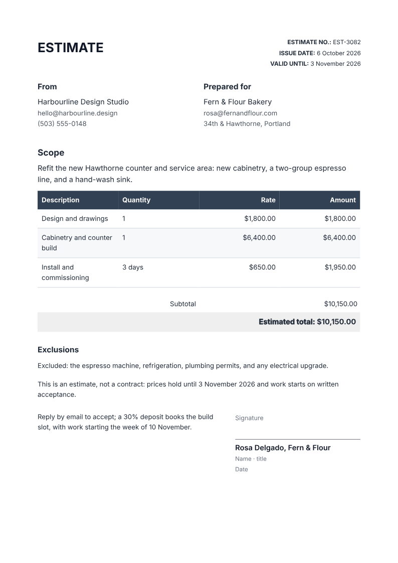Page one of the Kitchen refit estimate with exclusions and a valid-until date example