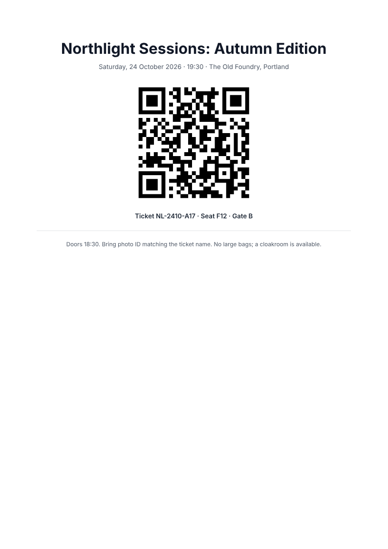 Page one of the Concert ticket with a check-in QR code example