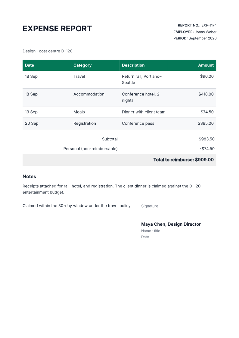 Page one of the Conference travel expense report with a non-reimbursable line example