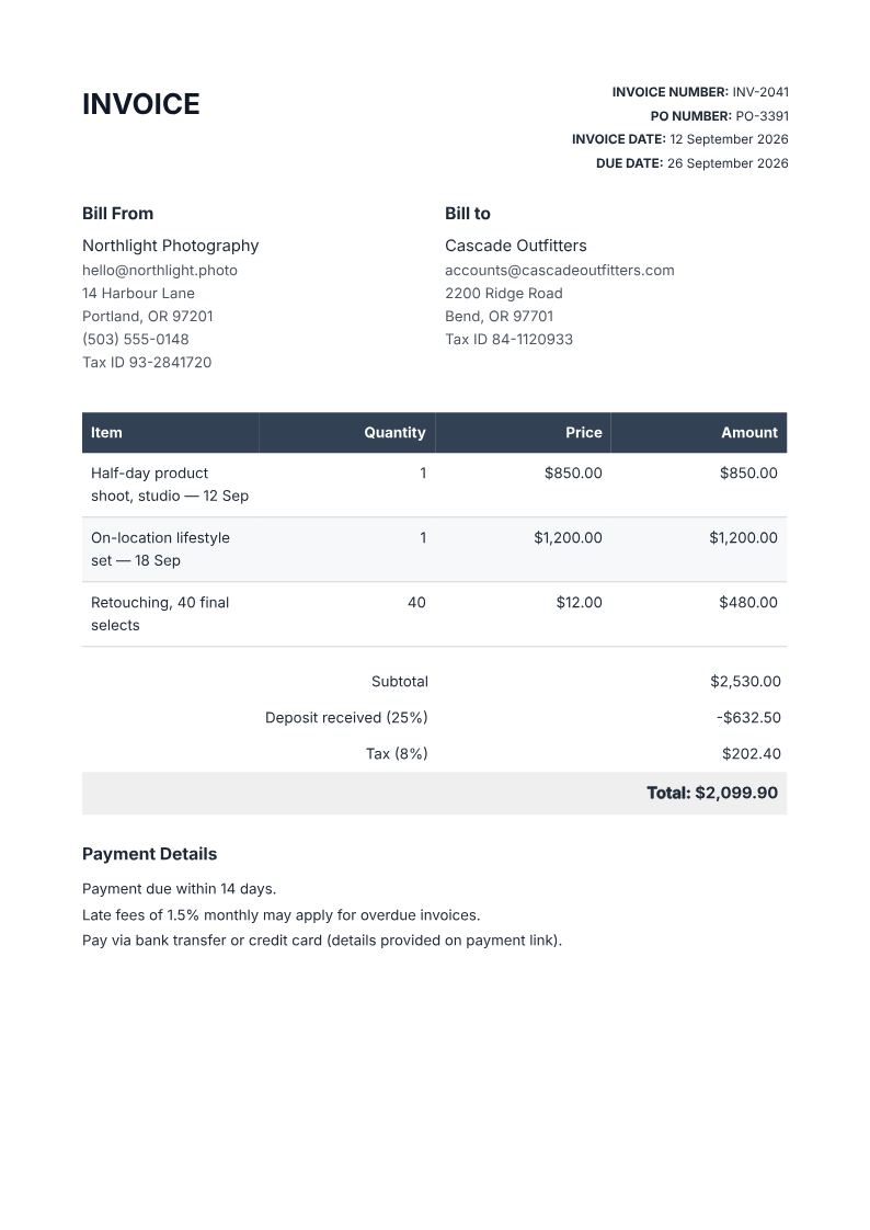 Page one of the Freelance photography invoice with 8% sales tax and a 25% deposit example