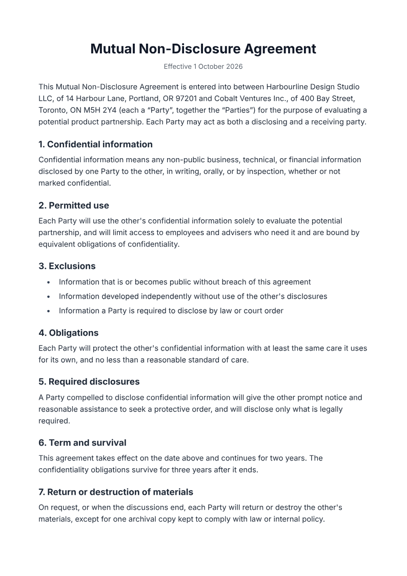 Page one of the Mutual NDA between a design studio and a client, 2-year term example