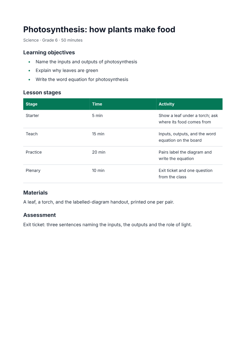 Page one of the Grade 6 science lesson plan, four stages example