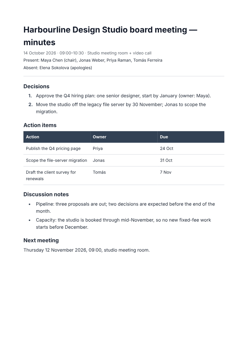 Page one of the Board meeting minutes with decisions and action items example