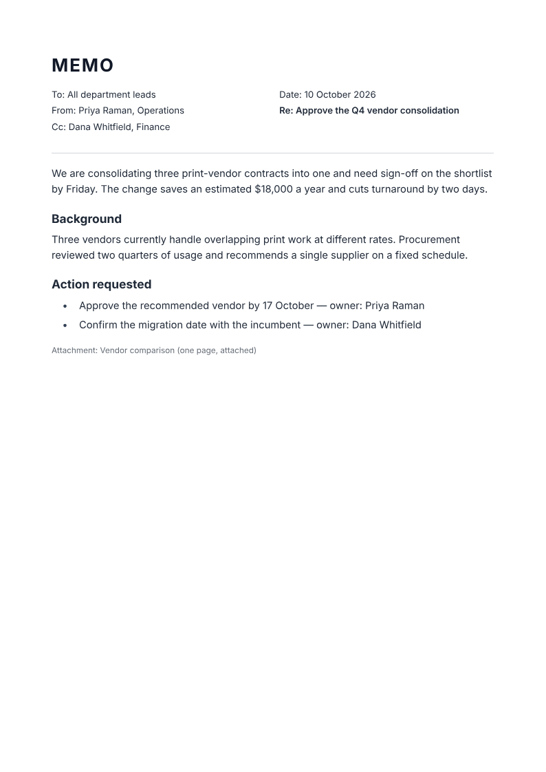 Page one of the Internal memo recommending a vendor consolidation for sign-off example
