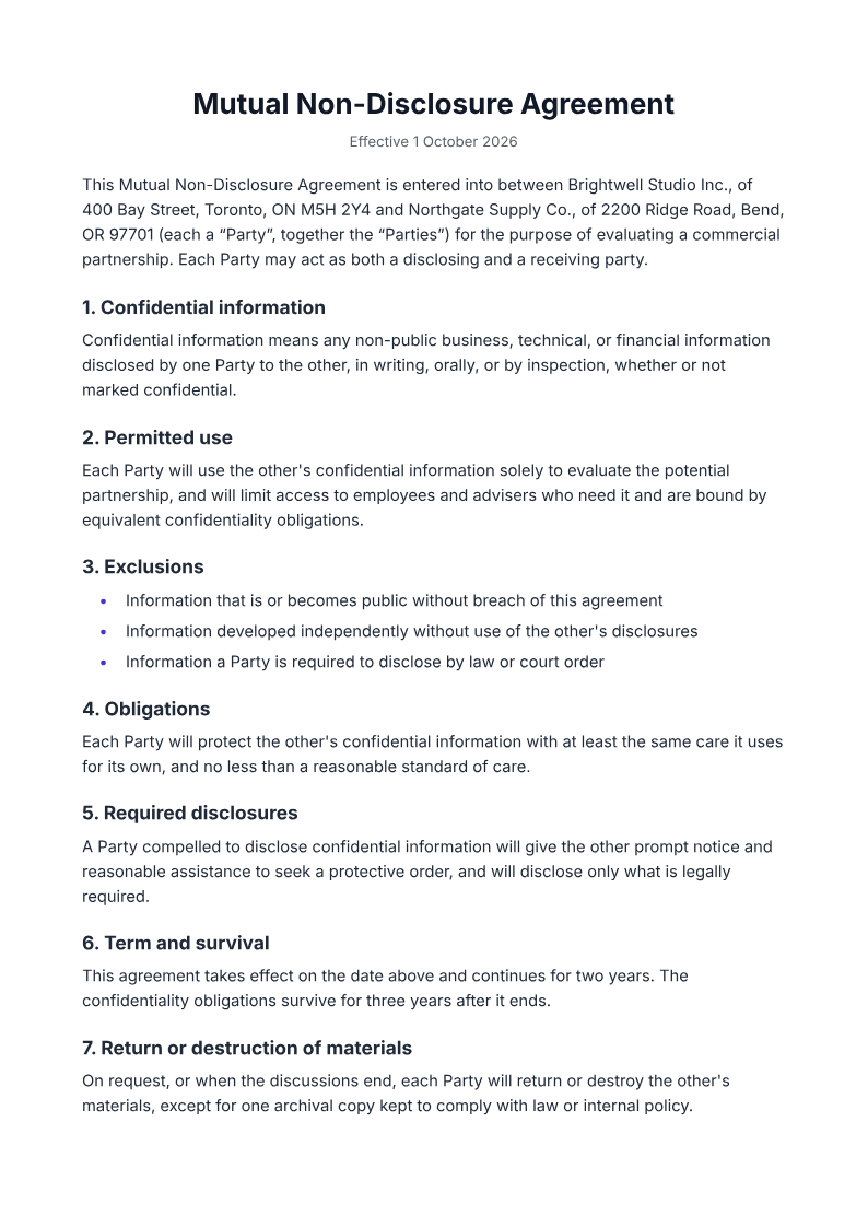 Page one of the Mutual NDA between two companies, two-year term example