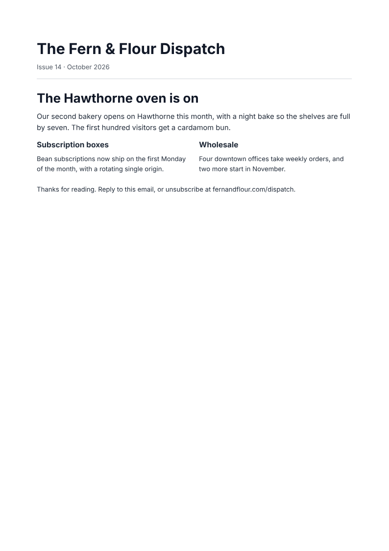 Page one of the Bakery newsletter with a lead story and two short items example