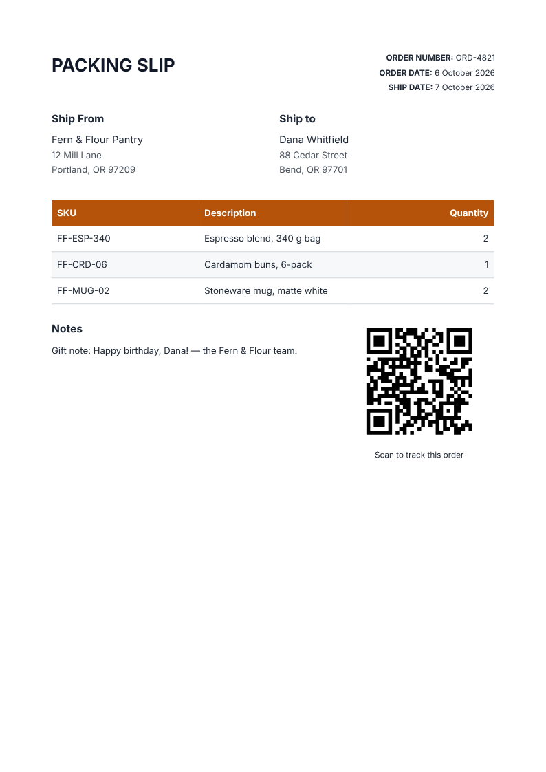 Page one of the Packing slip for a three-item order with a tracking QR example