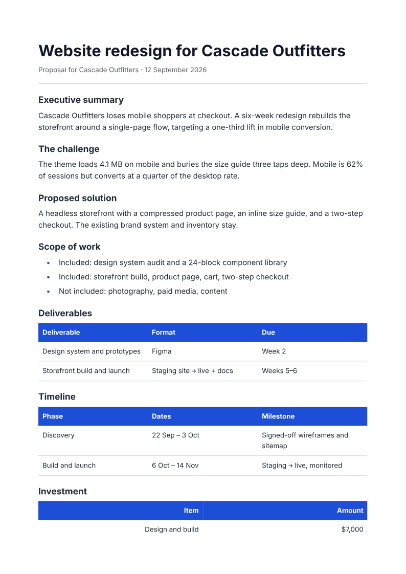 Page one of the Proposal for a 6-week website redesign, $8,500, 3 milestones example