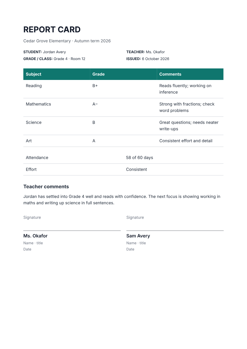 Page one of the Primary-school report card with subject grades and comments example