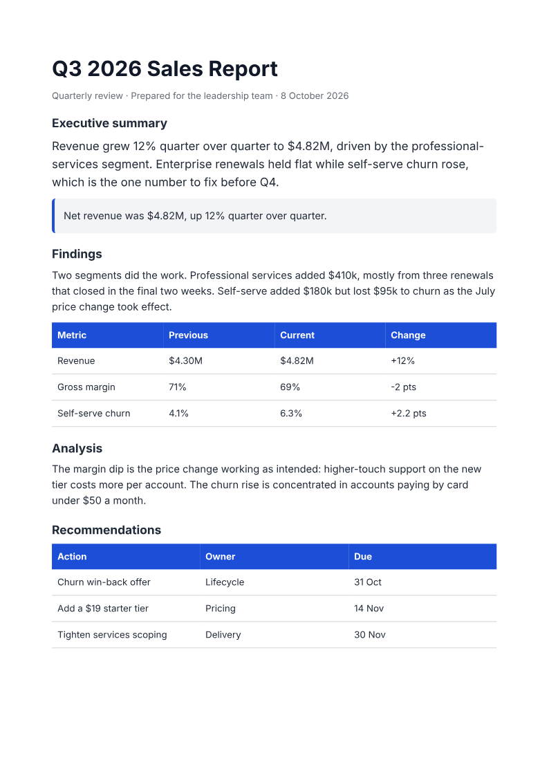 Page one of the Q3 sales report with a regional revenue table example