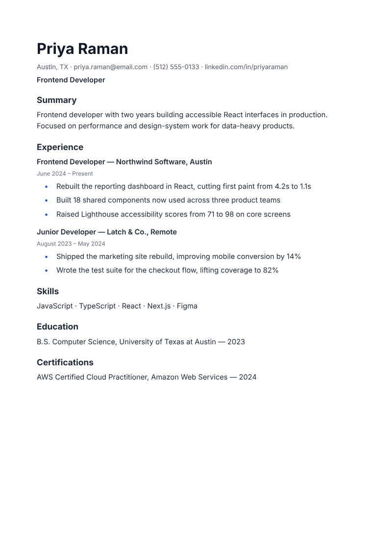Page one of the Resume for a junior frontend developer, React, 1 year example