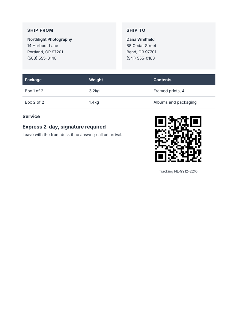 Page one of the Two-box shipping label, express 2-day, tracking QR example