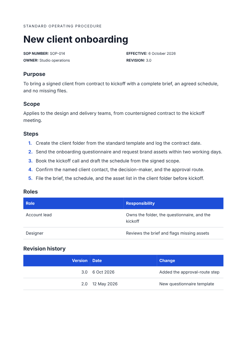Page one of the New client onboarding SOP with numbered steps example