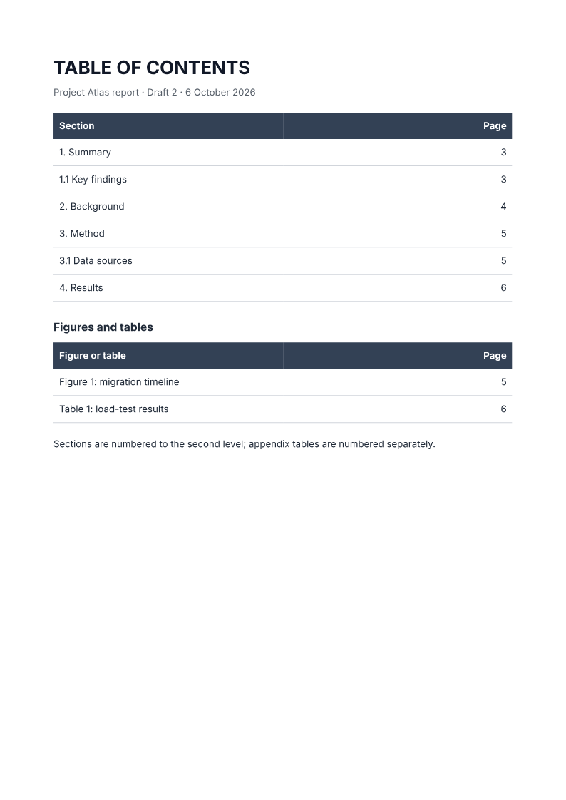 Page one of the Report contents page with sections, figures and page numbers example