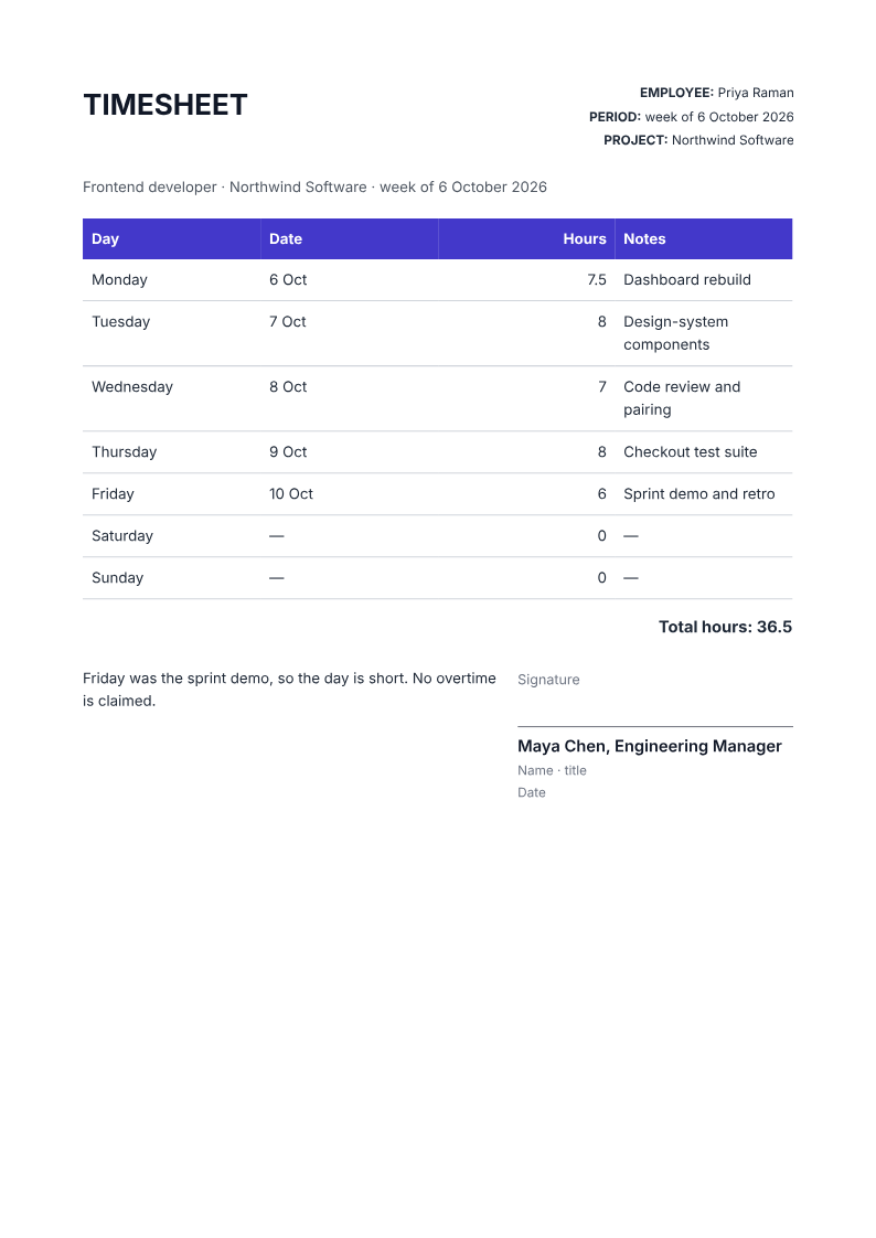 Page one of the Weekly timesheet, five days of project hours example