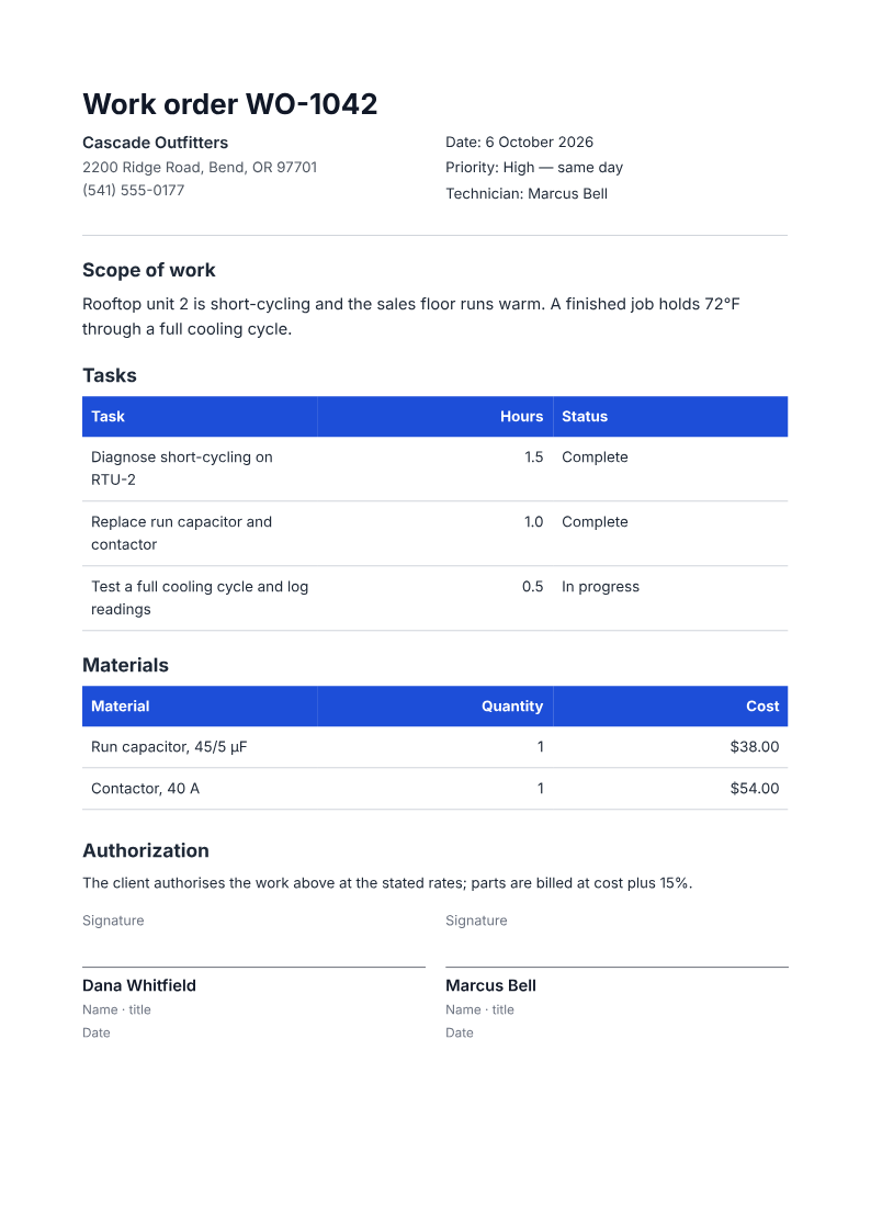 Page one of the HVAC repair work order with tasks, parts, and sign-off example