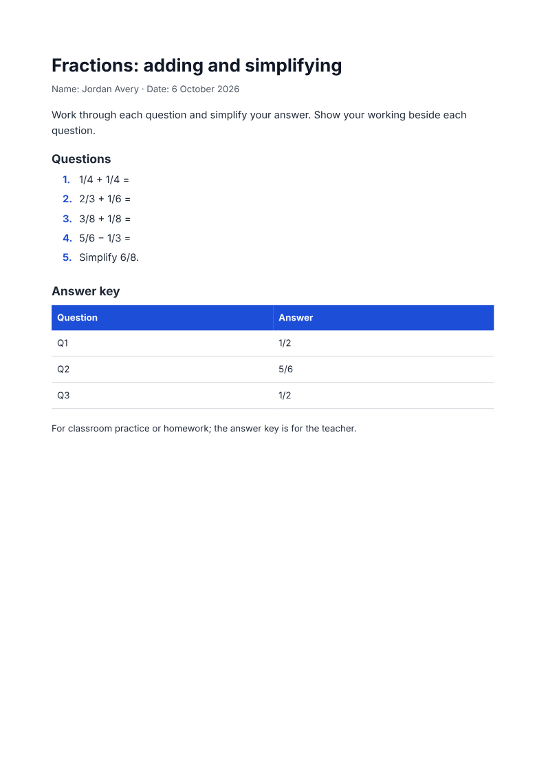 Page one of the Fractions worksheet with five questions and an answer key example